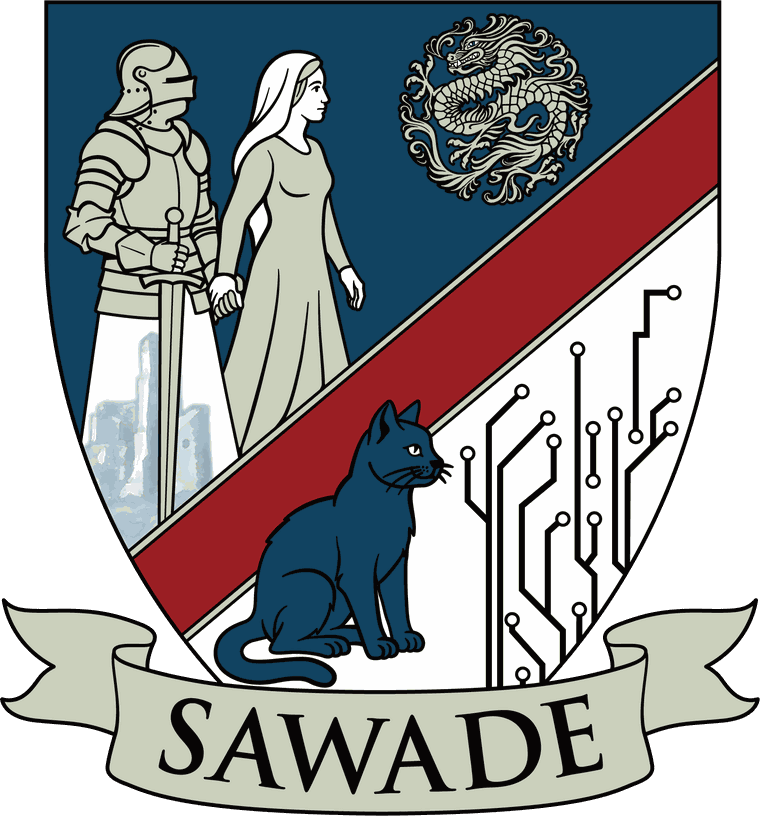 Familienwappen der Sawades: Ritter und Edeldame, Drache, Katze und Schaltkreis über dem Schriftband „SAWADE“